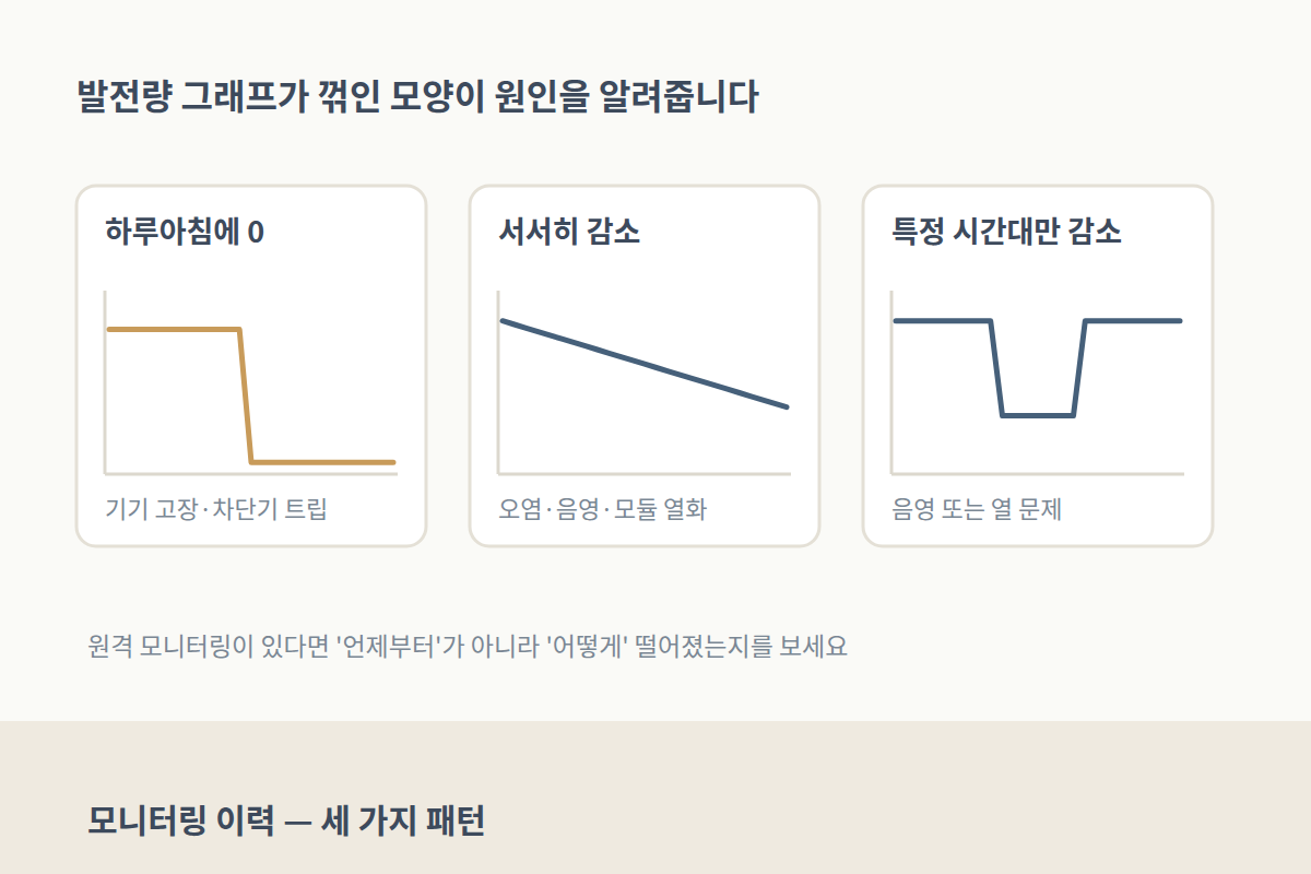 발전량 이력 세 가지 패턴 — 하루아침에 0·서서히 감소·특정 시간대만 감소